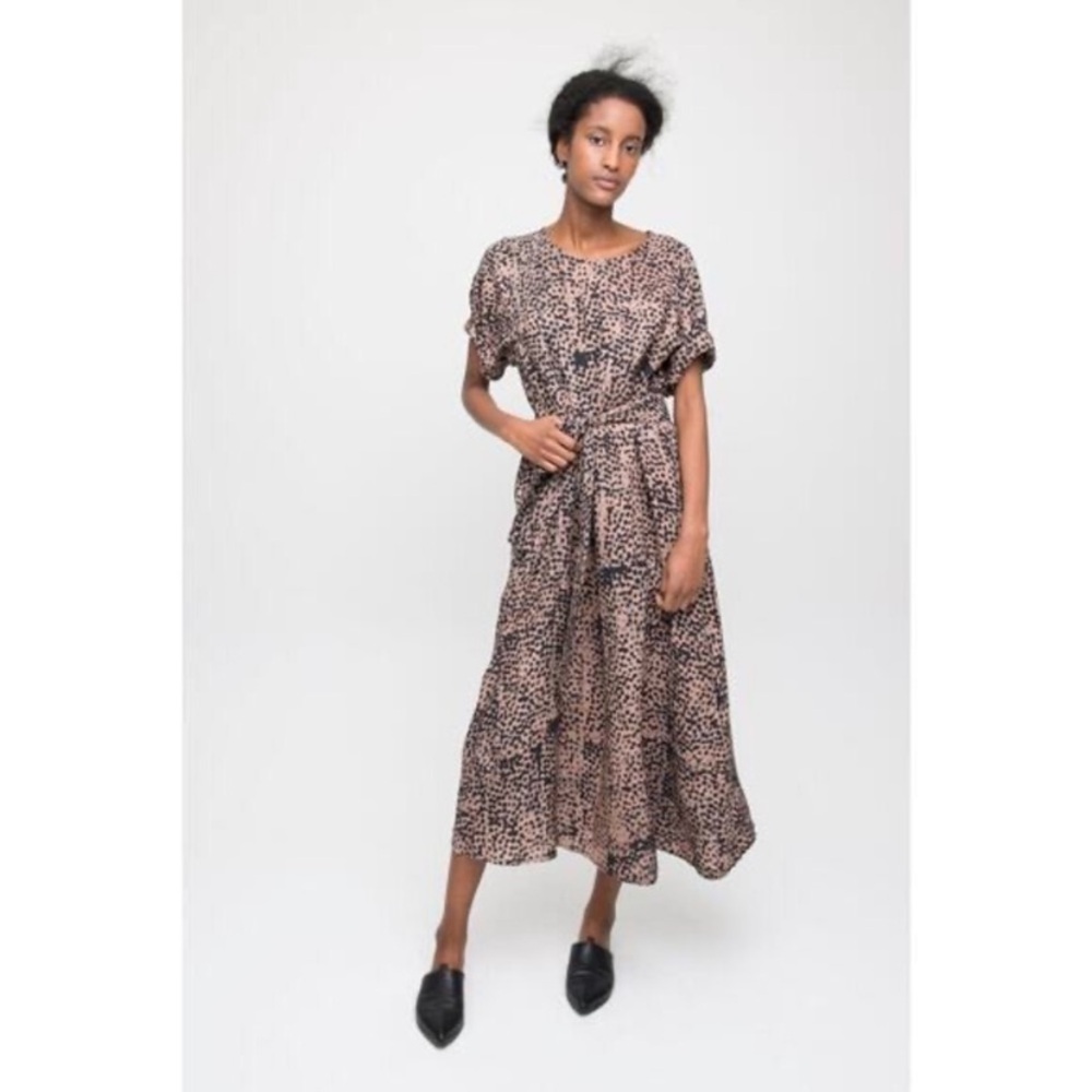 Osei Duro Dress Snakebite Pattern Black/Navy Tan Short Sleeve W/Wrap Belt Size S